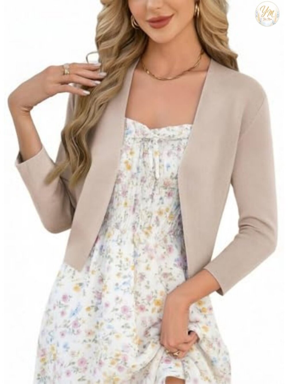 Women's Cropped 3/4 Sleeve Open Front Cardigan Lightweight Shrug for Summer